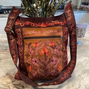 Artisan Embroidered Shoulder Bag in Brown and Tan from Kashmir